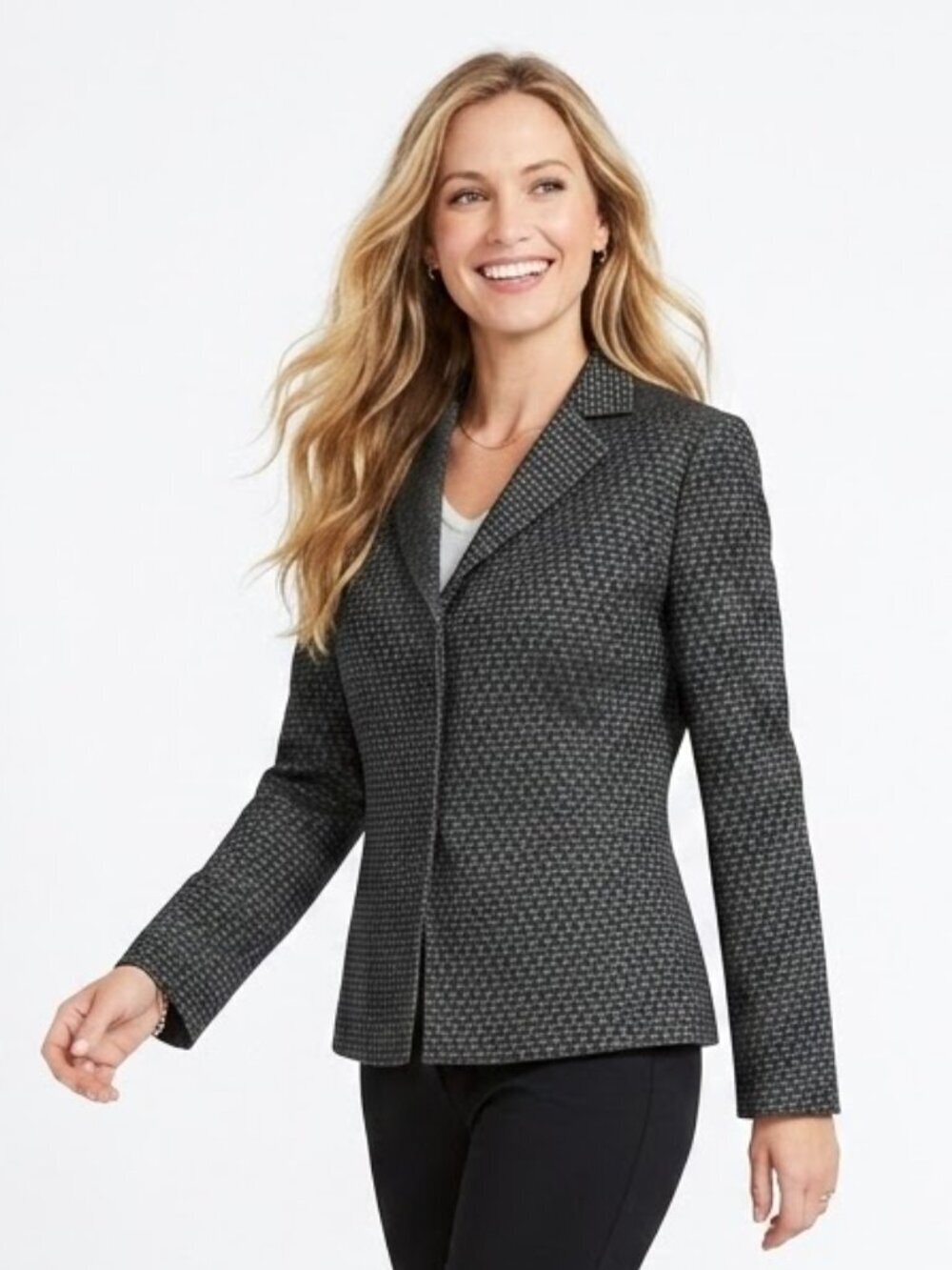 Tahari ASL Blazer Size 8P Green Black Pattern Petite 3 Hidden Snap Closure Lined